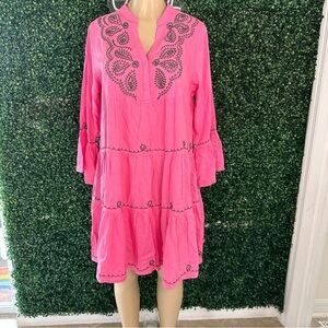 Back From Bali Short  Flowy Boho Beach Dress with Embroidered V Neck Size M